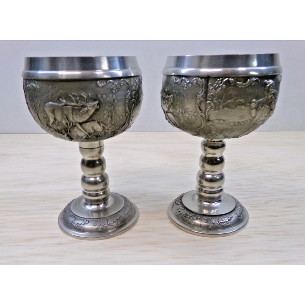 SKS Zinn 95% Pewter Raised Relief Hunting Scenes Stemmed Wine Goblets Lot of 2